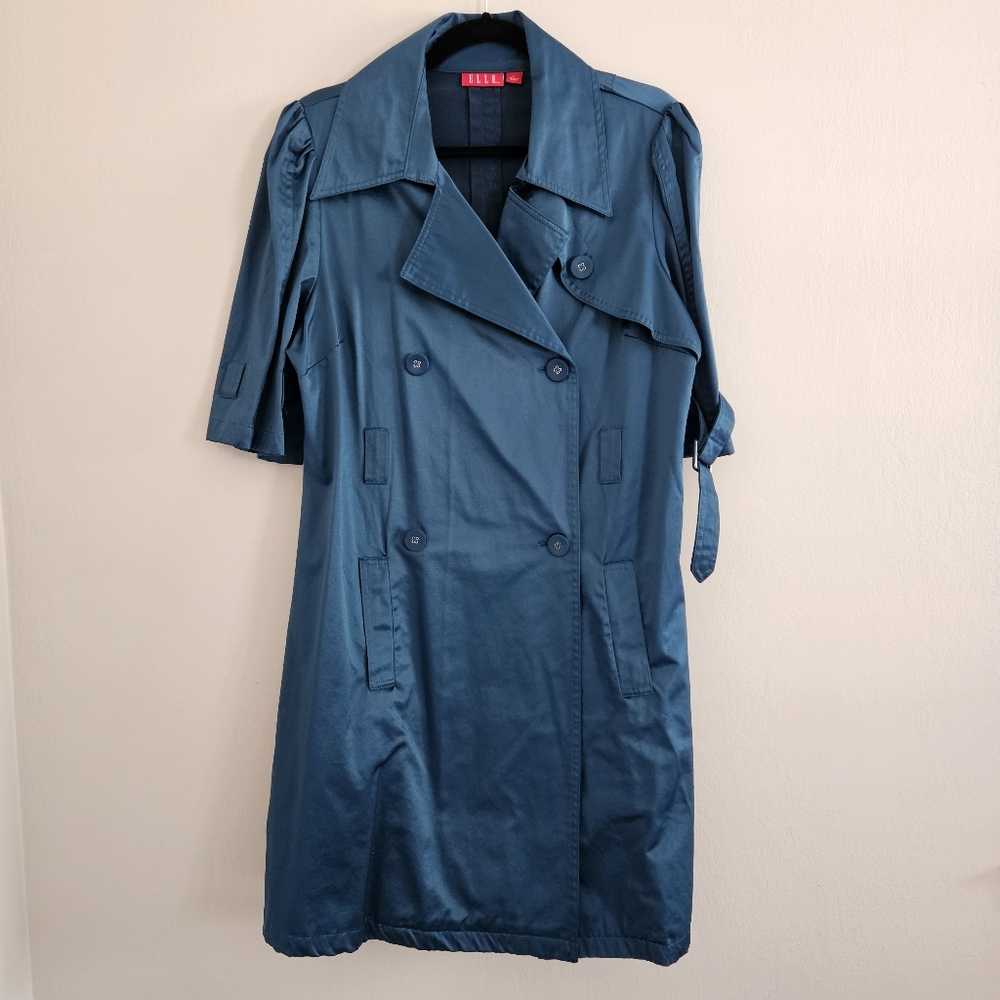 Elle Teal Double-Breasted Trench Coat Shiny Satiny 3/4 Sleeve Belt Detail Large